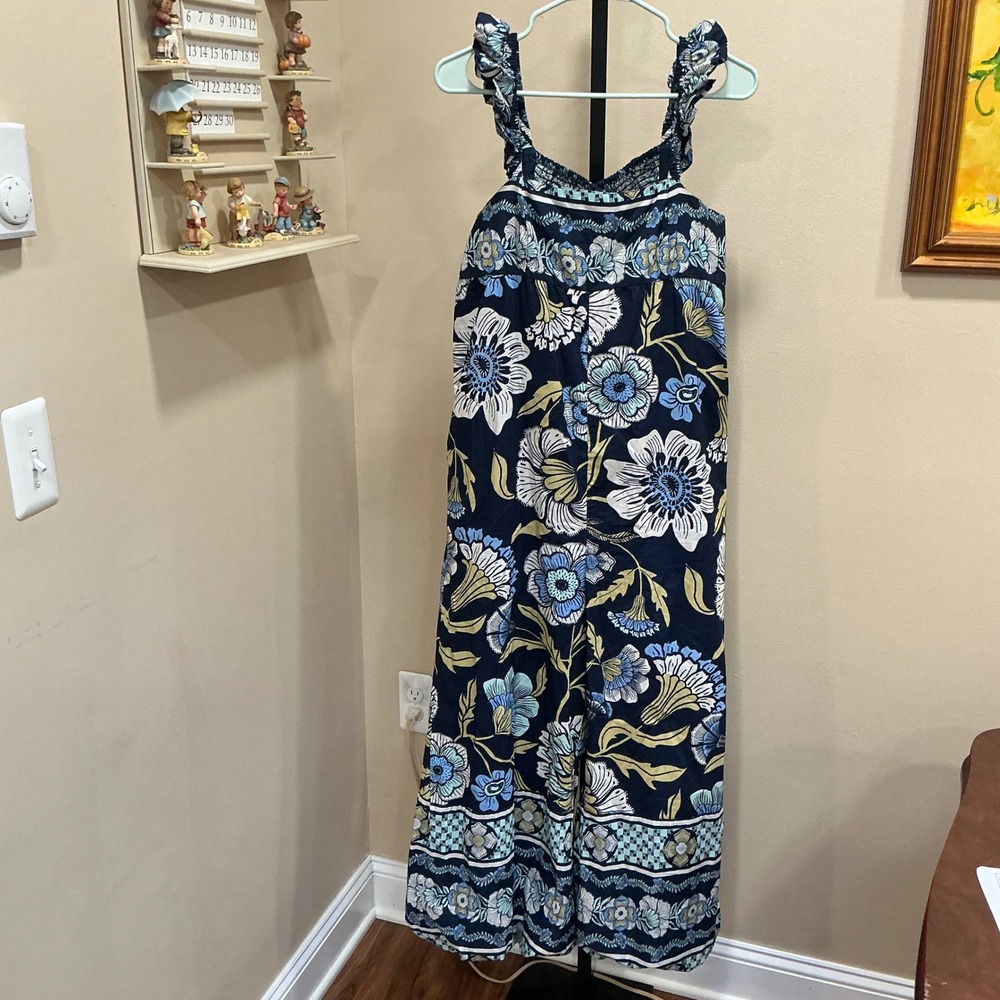 Free People Bali Albright Jumpsuit M Navy Blue Ruffle Strap Wide Leg OB1661100